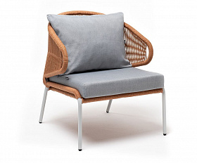 Кресло плетеное Милан 4SIS из роупа, каркас алюминий светло-серый (RAL7035) шагрень, роуп оранжевый меланж круглый, ткань светло-серая