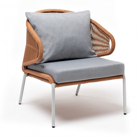 Кресло плетеное Милан 4SIS из роупа, каркас алюминий светло-серый (RAL7035) шагрень, роуп оранжевый меланж круглый, ткань светло-серая фото 3