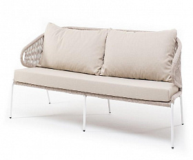 Диван двухместный Милан 4SIS из роупа (веревки), каркас алюминий белый, роуп бежевый круглый, ткань бежевая