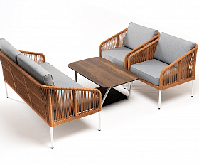 Канны лаунж-зона 4-местная из роупа со столом Глория цвет дуб, каркас алюминиевый белый, роуп оранжевый меланж