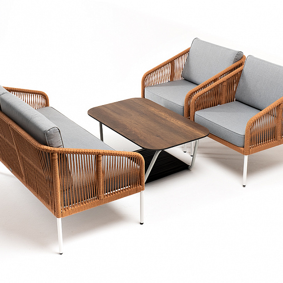 Канны лаунж-зона 4-местная из роупа со столом Глория цвет дуб, каркас алюминиевый белый, роуп оранжевый меланж фото 4