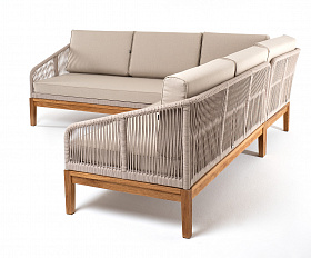 Канны диван модульный плетеный из роупа, основание дуб, роуп бежевый круглый, ткань бежевая 15052