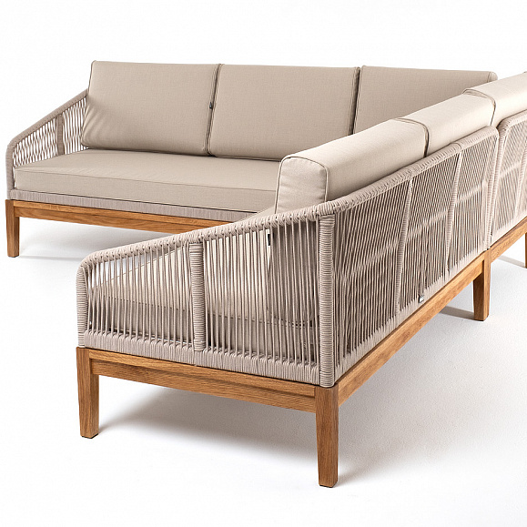 Канны диван модульный плетеный из роупа, основание дуб, роуп бежевый круглый, ткань бежевая 15052 фото 3