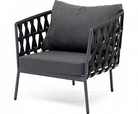 Кресло Диего 4SIS плетеное из роупа, каркас алюминий темно-серый (RAL7024) муар, роуп темно-серый круглый, ткань темно-серая 27