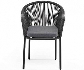 Стул Лион 4SIS плетеный из роупа, каркас алюминий серый (RAL7022) муар, роуп серый круглый, ткань серая 17