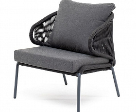 Кресло плетеное Милан 4SIS из роупа, каркас алюминий темно-серый (RAL7024), роуп темно-серый круглый, ткань темно-серая 019
