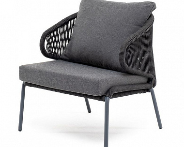Кресло плетеное Милан 4SIS из роупа, каркас алюминий темно-серый (RAL7024), роуп темно-серый круглый, ткань темно-серая 019