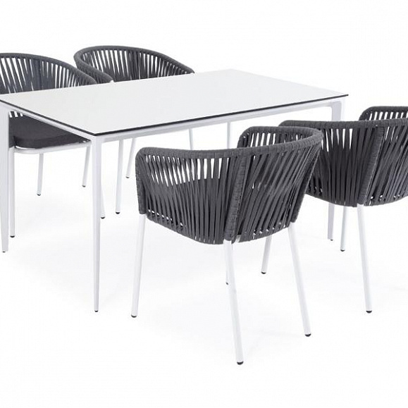 Обеденная группа Малага 4SIS на 4 персоны со стульями "Бордо", каркас белый, роуп серый фото 1