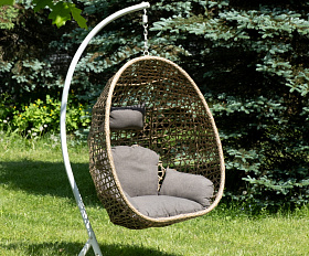 Флоренция подвесное кресло-кокон из искусственного ротанга, цвет соломенный с серой подушкой