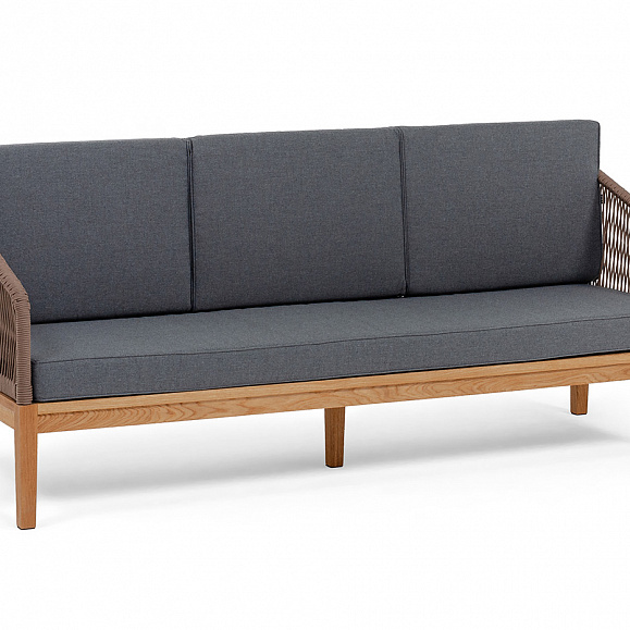 Канны диван 3-местный плетеный из роупа, основание дуб, роуп коричневый круглый, ткань темно-серая 027 фото 2