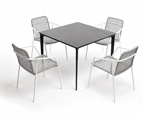 Обеденная группа Малага 4SIS на 4 персоны со стульями "Тунис", каркас белый, роуп светло-серый