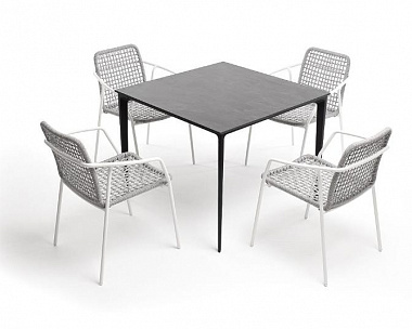 Обеденная группа Малага 4SIS на 4 персоны со стульями "Тунис", каркас белый, роуп светло-серый