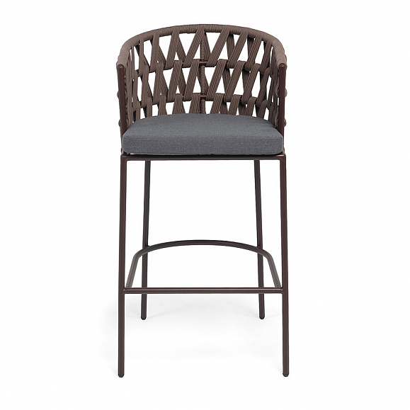 Диего стул барный плетеный из роупа, каркас из стали коричневый (RAL8016) муар, роуп коричневый круглый, ткань темно-серая 027 фото 3
