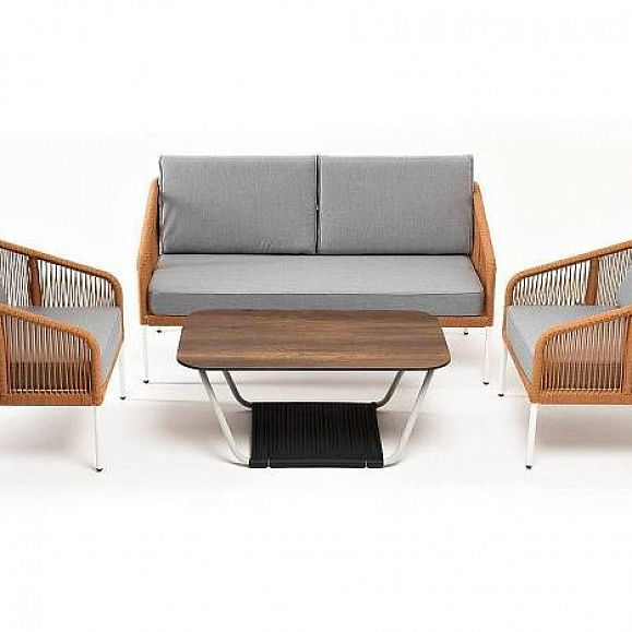 Лаунж-Зона Канны 4SIS 4-местная из роупа со столом Глория цвет дуб, каркас алюминиевый светло-серый, роуп оранжевый меланж фото 2