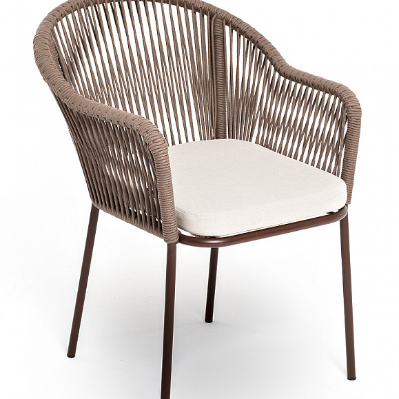 Лион стул плетеный из роупа, каркас из стали коричневый (RAL8016) муар, роуп коричневый круглый, ткань бежевая 15052 фото 3