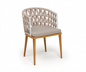 Диего стул плетеный из роупа, основание дуб каркас из стали белый муар, роуп бежевый круглый, ткань бежевая 052