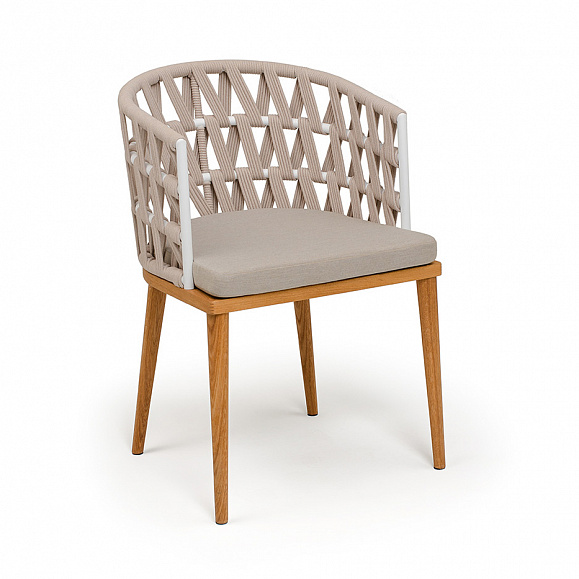 Диего стул плетеный из роупа, основание дуб каркас из стали белый муар, роуп бежевый круглый, ткань бежевая 052 фото 3