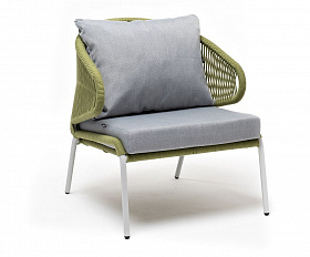 Кресло плетеное Милан 4SIS из роупа, каркас алюминий светло-серый (RAL7035) шагрень, роуп салатовый меланж круглый, ткань светло-серая