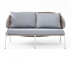 Диван двухместный Милан 4SIS из роупа (веревки), каркас алюминий светло-серый (RAL7035) шагрень, роуп серый меланж круглый, ткань светло-серая