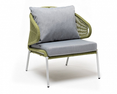 Кресло плетеное Милан 4SIS из роупа, каркас алюминий светло-серый (RAL7035) шагрень, роуп салатовый меланж круглый, ткань светло-серая