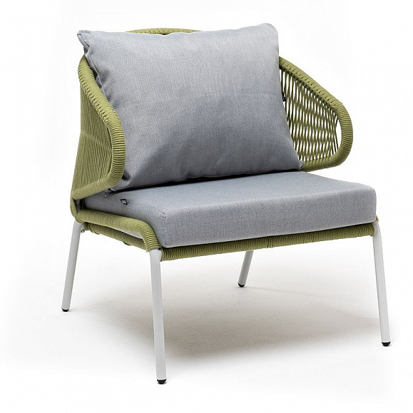 Кресло плетеное Милан 4SIS из роупа, каркас алюминий светло-серый (RAL7035) шагрень, роуп салатовый меланж круглый, ткань светло-серая фото 4
