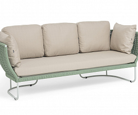 Фиджи диван 3-местный плетеный из роупа, каркас алюминий светло-серый (RAL7035) муар, роуп зеленый (4204) круглый tex, ткань Mossle бежевая