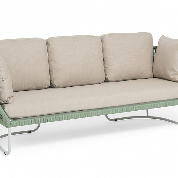 Фиджи диван 3-местный плетеный из роупа, каркас алюминий светло-серый (RAL7035) муар, роуп зеленый (4204) круглый tex, ткань Mossle бежевая фото 2