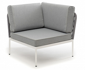 Канны угловой модуль плетеный из роупа, каркас алюминий белый муар, роуп светло-серый круглый, ткань светло-серая