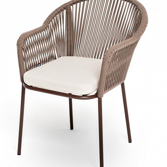 Лион стул плетеный из роупа, каркас из стали коричневый (RAL8016) муар, роуп коричневый круглый, ткань бежевая 15052 фото 1