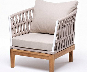 Кресло Диего 4SIS плетеное из роупа, основание дуб, каркас алюминий белый муар, роуп бежевый круглый, ткань бежевая 35