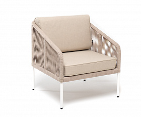 Канны кресло плетеное из роупа, каркас алюминий белый, муар, роуп бежевый круглый, ткань бежевая 035