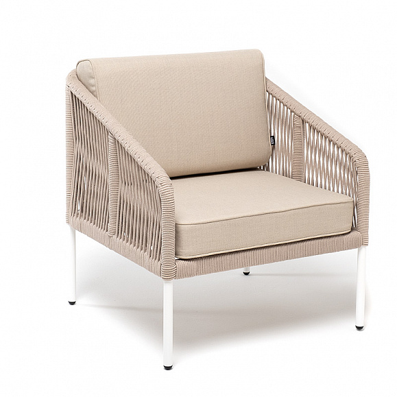 Канны кресло плетеное из роупа, каркас алюминий белый, муар, роуп бежевый круглый, ткань бежевая 035 фото 3