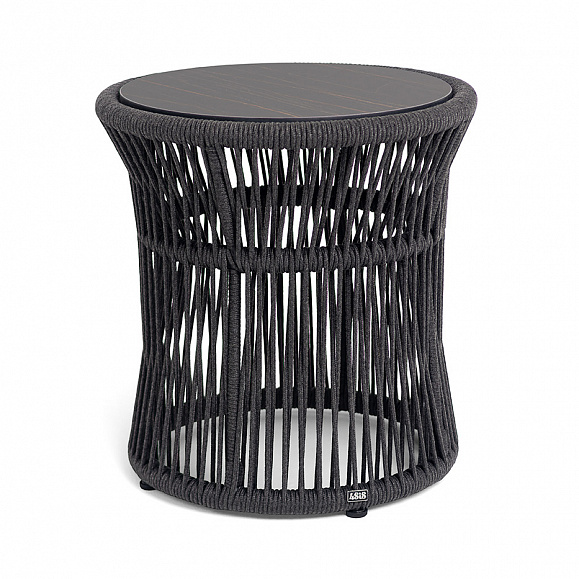 Романо журнальный стол из HPL круглый Ø45 H47, каркас из алюминия черный муар, цвет черный мрамор, роуп темно серый круглый фото 1