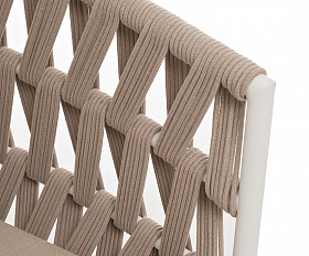 Диего диван 2-местный плетеный из роупа, каркас алюминий белый муар, роуп бежевый круглый, ткань бежевая 052