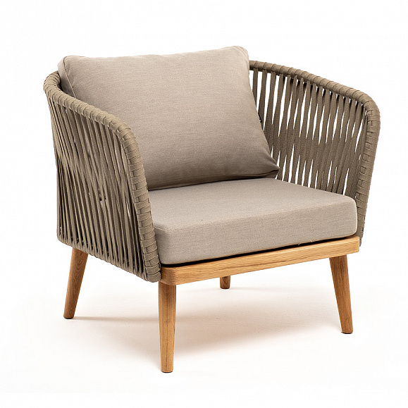 Мальорка кресло плетеное из роупа, основание дуб, роуп серо-коричневый 23мм, ткань бежевая 15052 фото 3