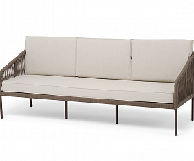 Канны диван 3-местный плетеный из роупа, каркас алюминий коричневый (RAL8016) муар, роуп коричневый круглый, ткань бежевая 15052