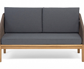 Канны диван 2-местный плетеный из роупа, основание дуб, роуп коричневый круглый, ткань темно-серая 027 NEW