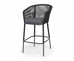 Марсель стул барный плетеный из роупа, каркас из стали темно-серый (RAL7024) муар, роуп темно-серый круглый, ткань темно-серая 027 NEW