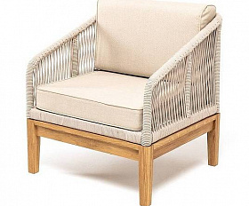 Кресло Канны 4SIS плетеное из роупа, основание дуб, роуп бежевый круглый, ткань бежевая 52