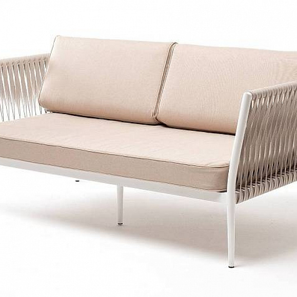 Диван Касабланка 4SIS 2-местный плетеный из роупа, каркас алюминий светло-серый (RAL7035) муар, роуп серо-коричневый 23мм, ткань бежевая 52 фото 1