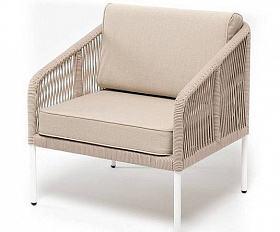 Кресло Канны 4SIS плетеное из роупа, каркас алюминий белый муар, роуп бежевый круглый, ткань бежевая 15052