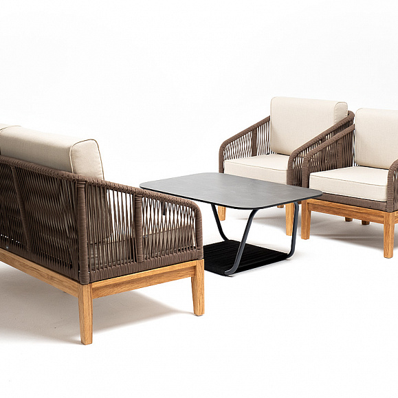 Канны лаунж-зона 4-местная из роупа со столом Гранада (серый гранит), основание дуб, роуп коричневый, ткань бежевая фото 1