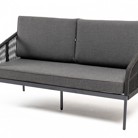 Канны диван 2-местный плетеный из роупа, каркас алюминий темно-серый (RAL7024) муар, роуп темно-серый круглый, ткань темно-серая 027, выс. посадки 45 фото 1