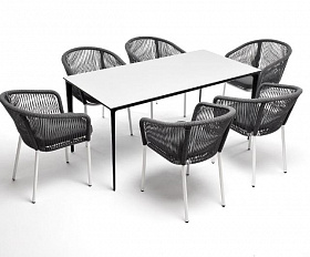 Обеденная группа Малага 4SIS на 6 персон со стульями "Марсель", каркас белый, роуп серый
