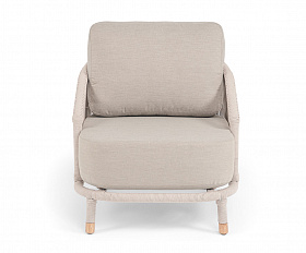 Верона кресло плетеное из роупа, каркас алюминий белый муар, роуп бежевый круглый, ткань бежевая 15052