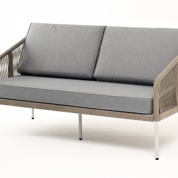 Канны диван 2-местный плетеный из роупа, каркас алюминий светло-серый (RAL7035) шагрень, роуп серый меланж круглый, ткань светло-серая фото 1