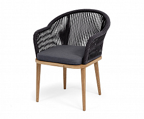 Лион стул плетеный из роупа, основание дуб, роуп темно-серый круглый, ткань темно-серая 027