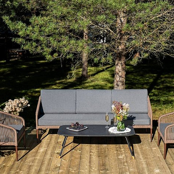 Лаунж-Зона Канны 4SIS 5-местная из роупа со столом Верона (серый гранит), каркас алюминиевый коричневый, роуп коричневый фото 1