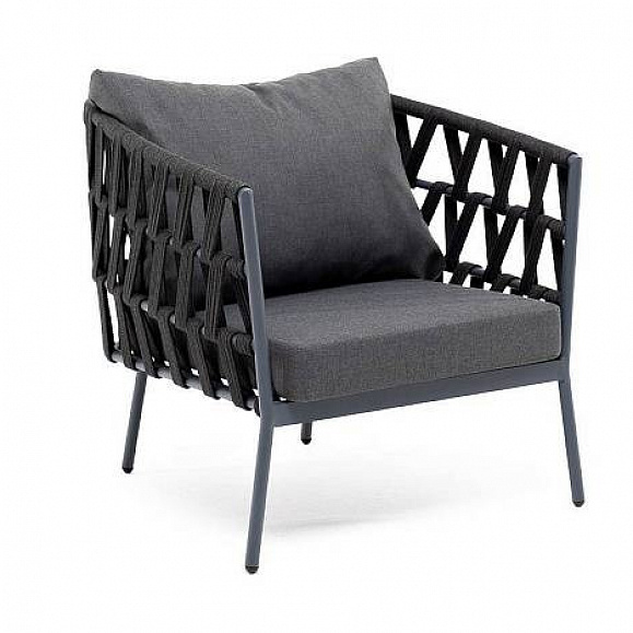 Кресло Диего 4SIS плетеное из роупа, каркас алюминий темно-серый (RAL7024) муар, роуп темно-серый круглый, ткань темно-серая 27 фото 2