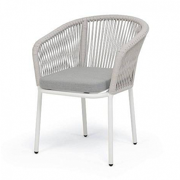 Стул Марсель 4SIS плетеный из роупа, каркас алюминий белый муар, роуп светло-серый меланж круглый tex, ткань светло-серая фото 1